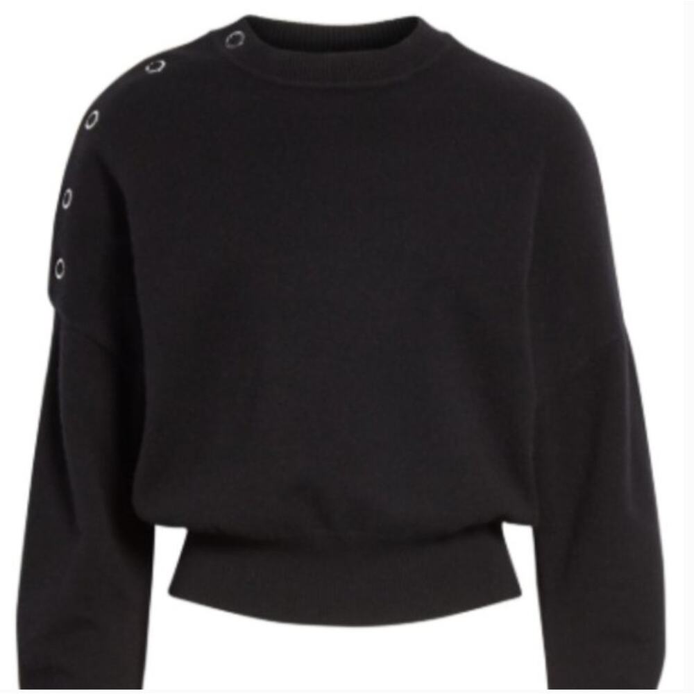 LEWIT Black Cashmere Blend Snap Detail Long Sleeve Crew Pullover Sweater Size XS